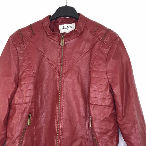 Daytrip Women's Large Moto Jacket Faux Leather Zip Up Pockets Red Solid - Picture 2 of 5